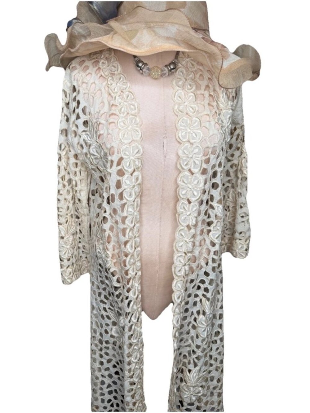 VTG 70s  Chuchi Crochet Lace Long Kimono Cardigan M  Duster fairygoth Coachella